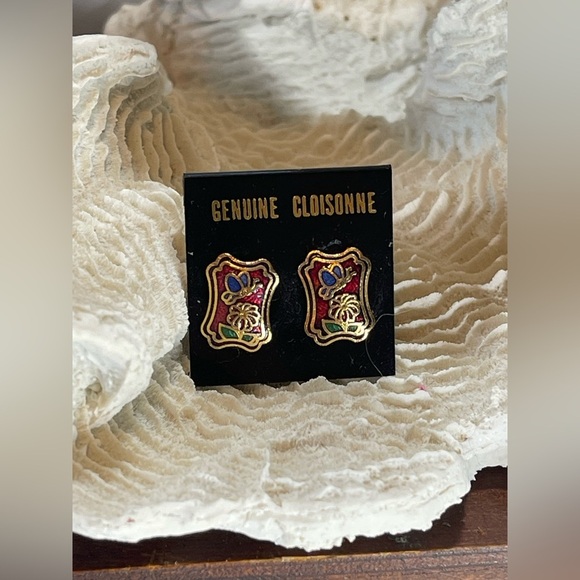 Vintage Red Cloisonne Butterfly Floral Stud Earrings - Picture 1 of 6